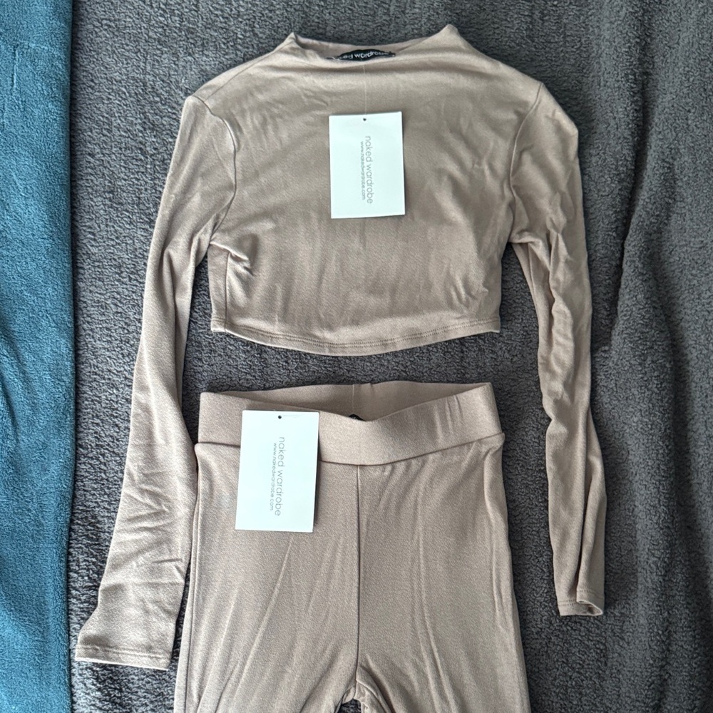 Naked Wardrobe Taupe Long Sleeve Crop Top & Leggings Set